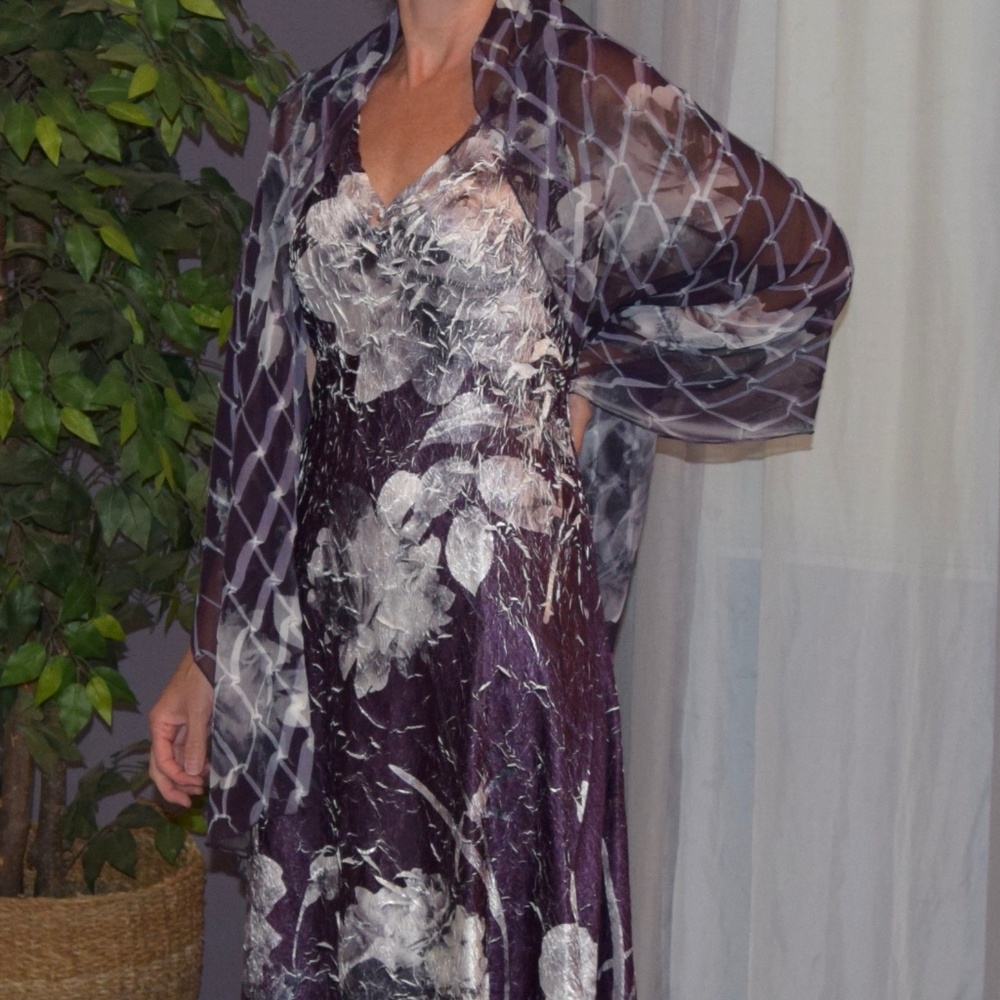 Lace-Up Floral Maxi Dress with Shawl, Komarov, Purple